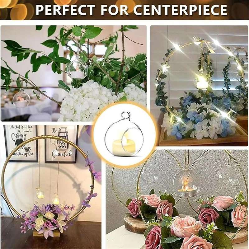12PCS 6CM Round Hollow Glass Hanging Stand Candle Holder Wedding Art Decoration Table Lantern with E