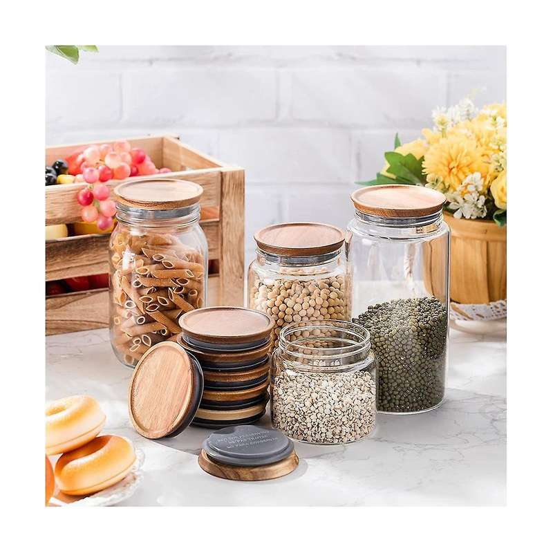 12pcs 3.5 Inch Wide Mouth Mason Jar Lids Reusable Canning Lids Wooden Mason Jar Lids with Airtight S