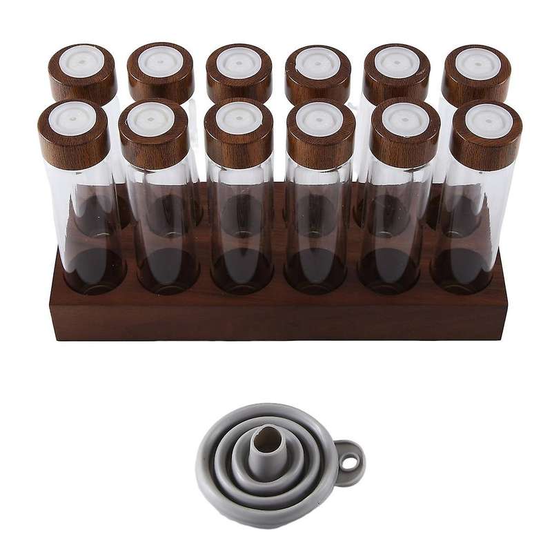 12pcs Coffee Bean Storage Tubes Coffee Bean Cellar Wooden Display Stand and Funnel Espresso Accessor