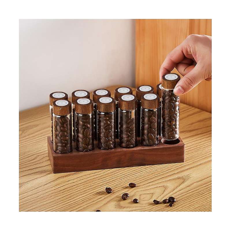 12pcs Coffee Bean Storage Tubes Coffee Bean Cellar Wooden Display Stand and Funnel Espresso Accessor