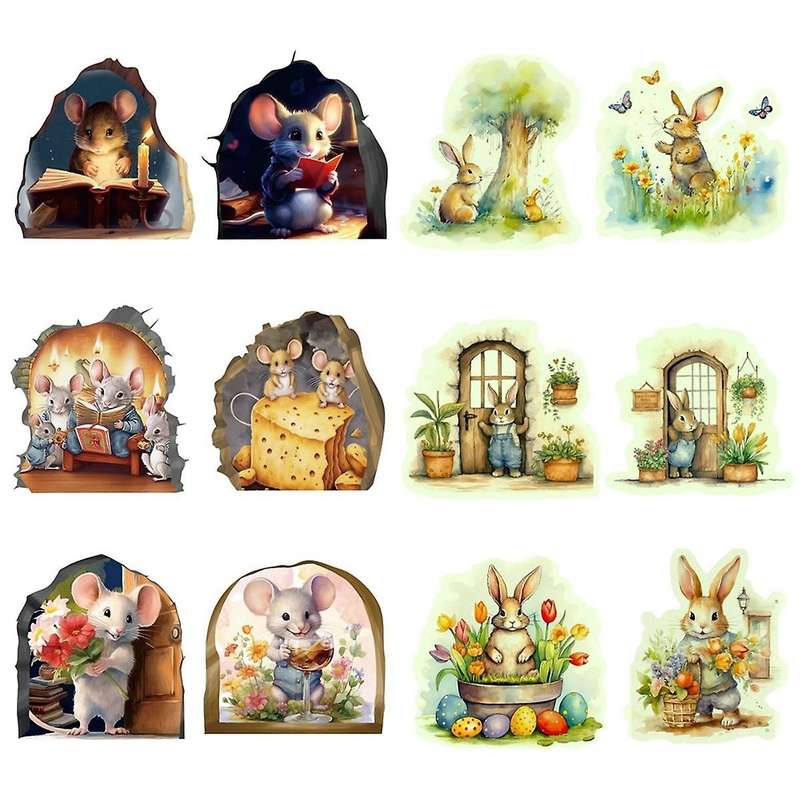 12PCS Cute Luminous Wall Decals Adorable Mouse Reading Book Rabbit Kids Room Wall Decor Sticker Deca