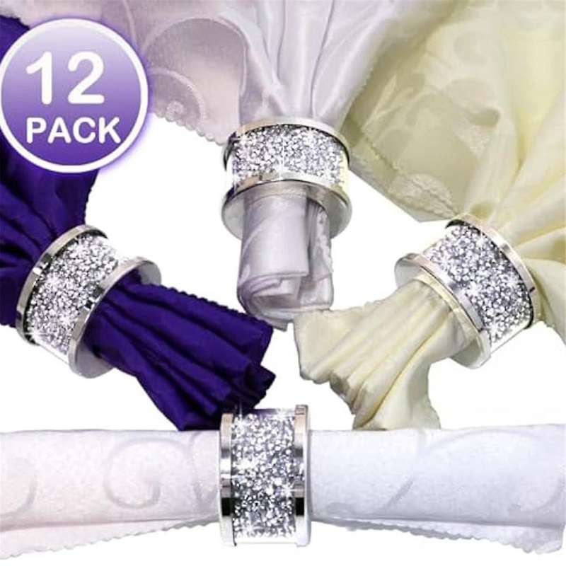 12pcs Crystal Glass Napkin Holder Napkin Rings,Glam Crushed Diamond Table Settings Bling Serviette B