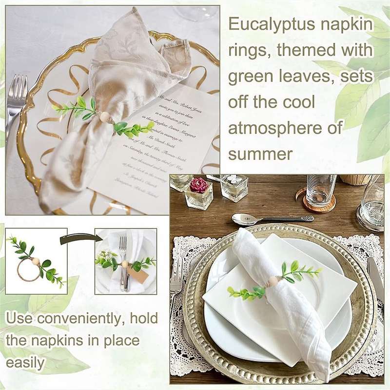 12pcs Eucalyptus Napkin Rings, Wood Bead Napkin Rings Farmhouse Leaf Spring Napkin Rings for Dining