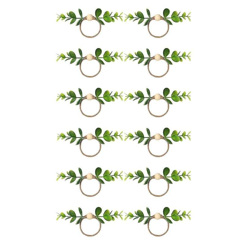 12Pcs Eucalyptus Napkin Rings, Wood Bead Napkin Rings Farmhouse Leaf Spring Napkin Rings for Dining
