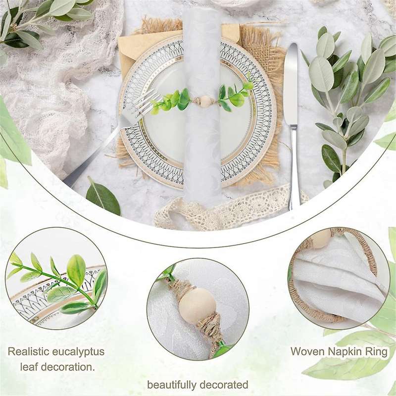 12Pcs Eucalyptus Napkin Rings, Wood Bead Napkin Rings Farmhouse Leaf Spring Napkin Rings for Dining