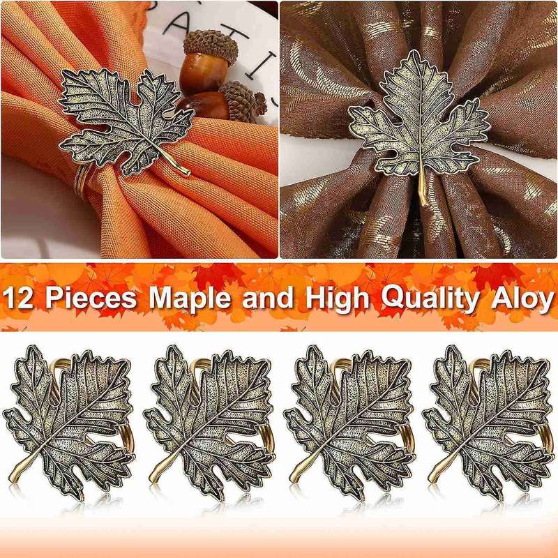 12Pcs Fall Napkin Ring,Fall Leaf Napkin Rings Autumn Napkin Holders Maple Leaf for Thanksgiving Hall
