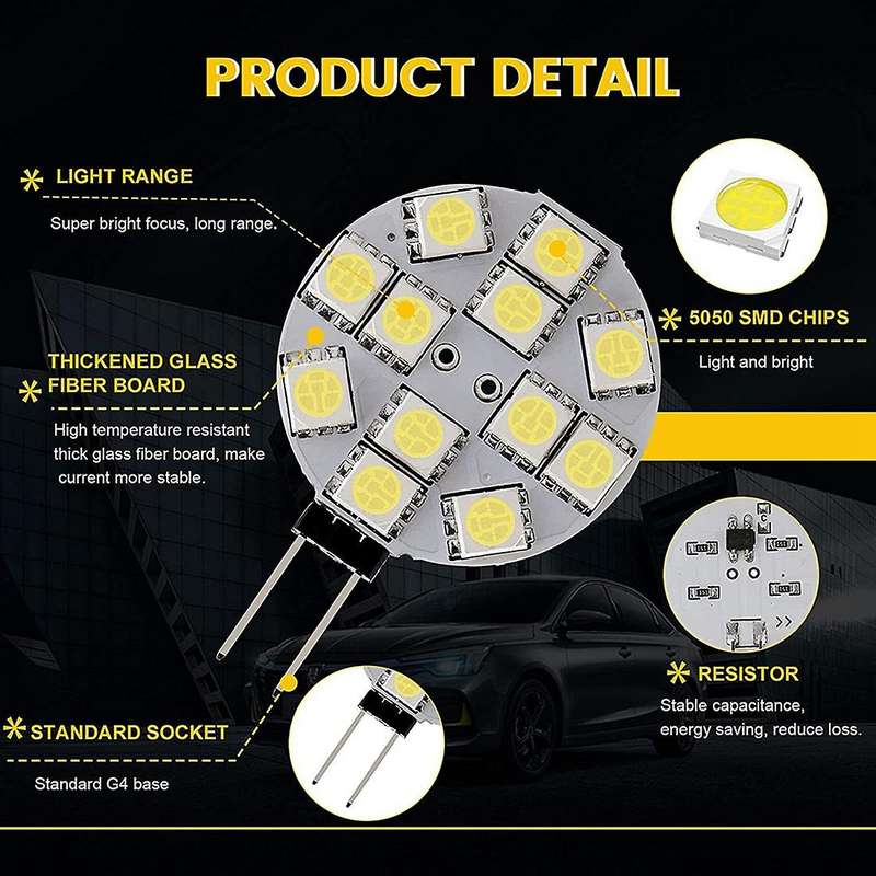 12pcs G4 Lights Led Bulbs Side Pin Base Round G4 5050 12smd Led Rv Light Home Reading Light, White