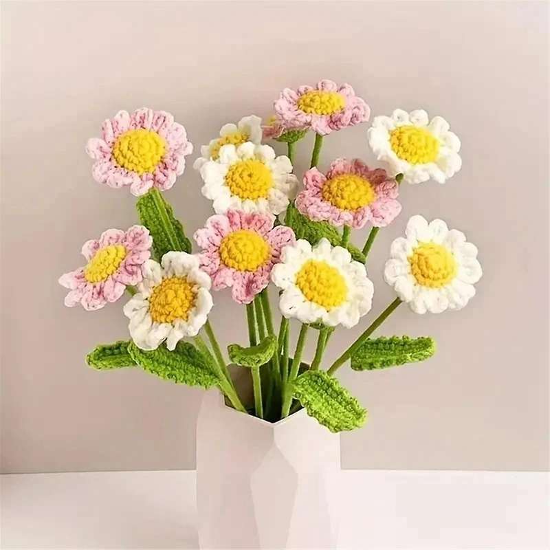 12pcs Handmade Daisy Crochet Yarn Hook Flower Knitted Bouquet Birthday Gift Home Party Wedding Decor