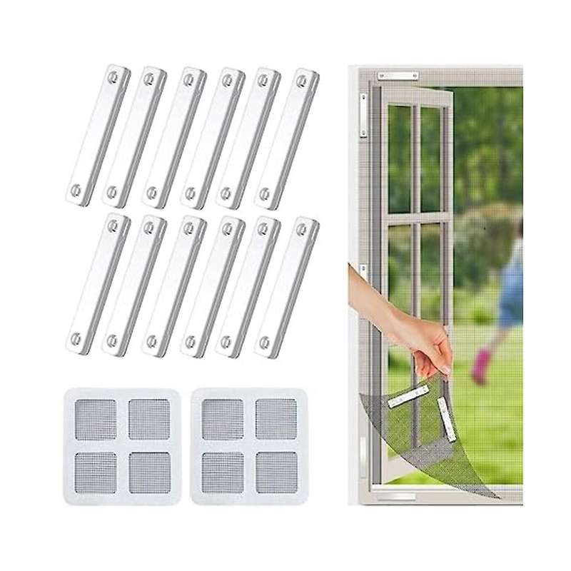 12Pcs Magnetic Screen Installer Self Adhesive Clips, with 2 Window Screen Repair Patch(10cm x 10cm)