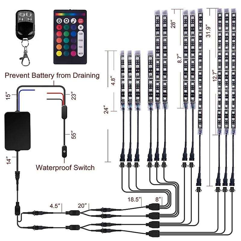 12Pcs Motorcycle LED Light Strips Multi-Color Neon Ground Effect Atmosphere Lights Lamp with Remote