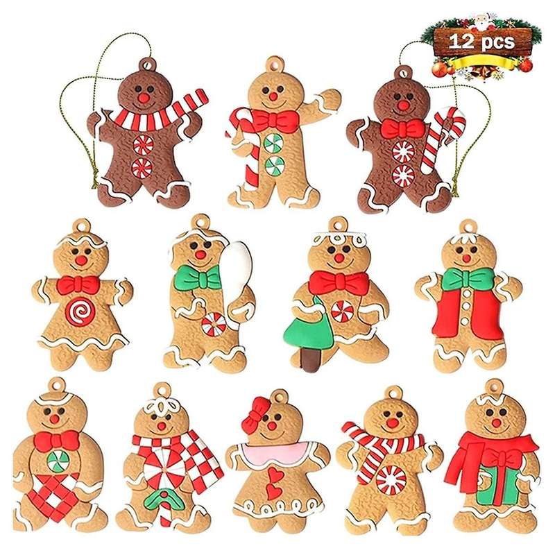 12pcs Ornaments for Christmas Assorted Plastic Gingerbread Figurines Ornaments for Christmas Tree H