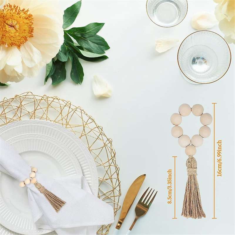 12PCS Natural Wooden Beads Napkin Rings with Tassels Napkin Holders for Christmas Farmhouse Wedding