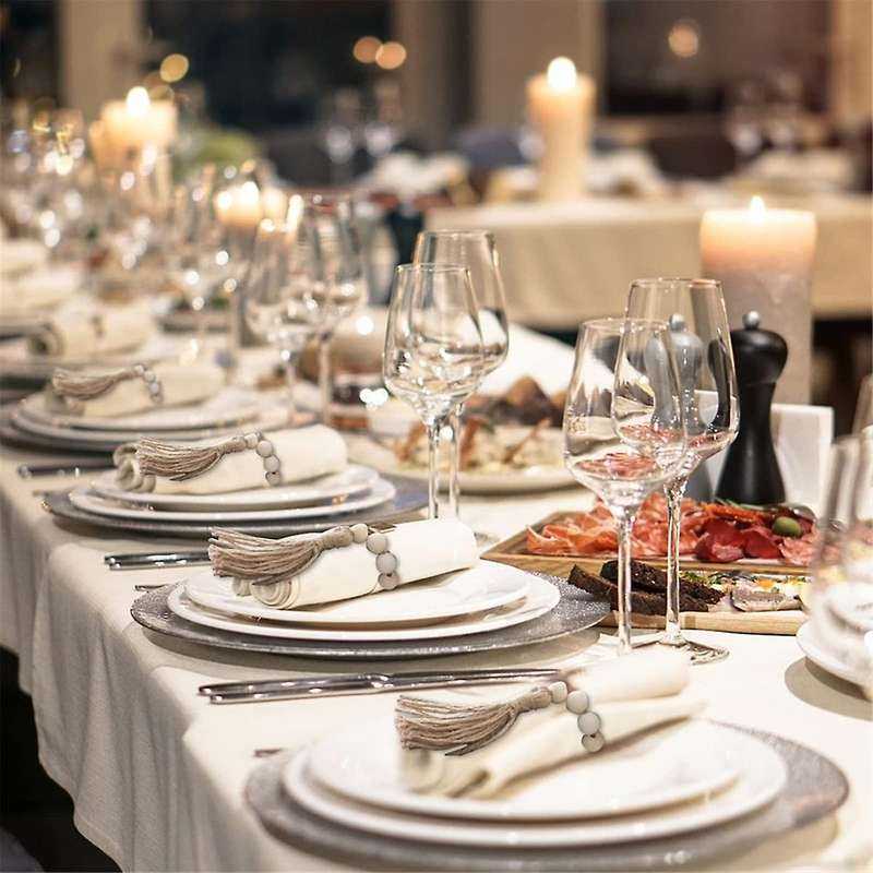 12PCS Natural Wooden Beads Napkin Rings with Tassels Napkin Holders for Christmas Farmhouse Wedding