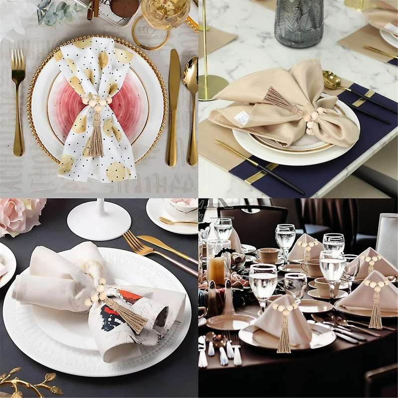 12PCS Natural Wooden Beads Napkin Rings with Tassels Napkin Holders for Christmas Farmhouse Wedding