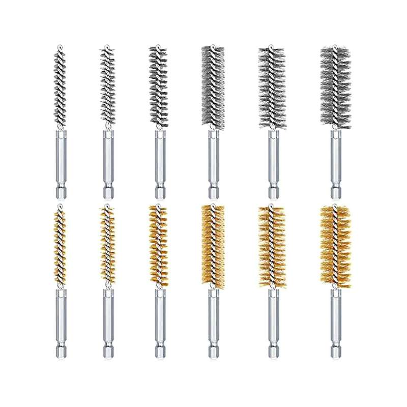 12pcs Steel Bore Wire Brush Twisted Wire Stainless Steel Cleaning Brush with Handle 1/4 Inch Hex for