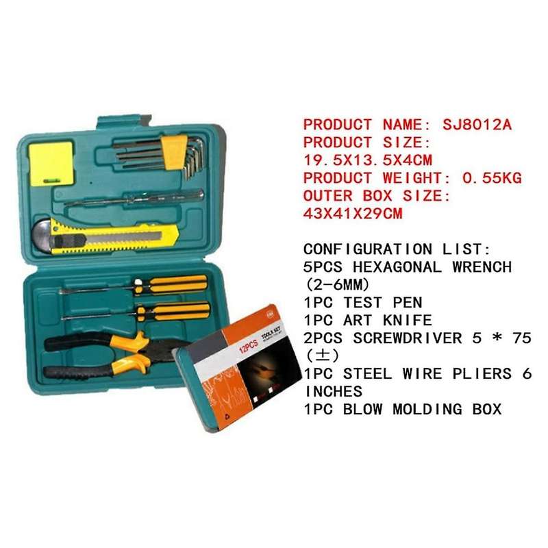 12pcs Universal Repair Kit with Plastic Toolbox with Wrench, Tape Measure and Screwdriver for Auto