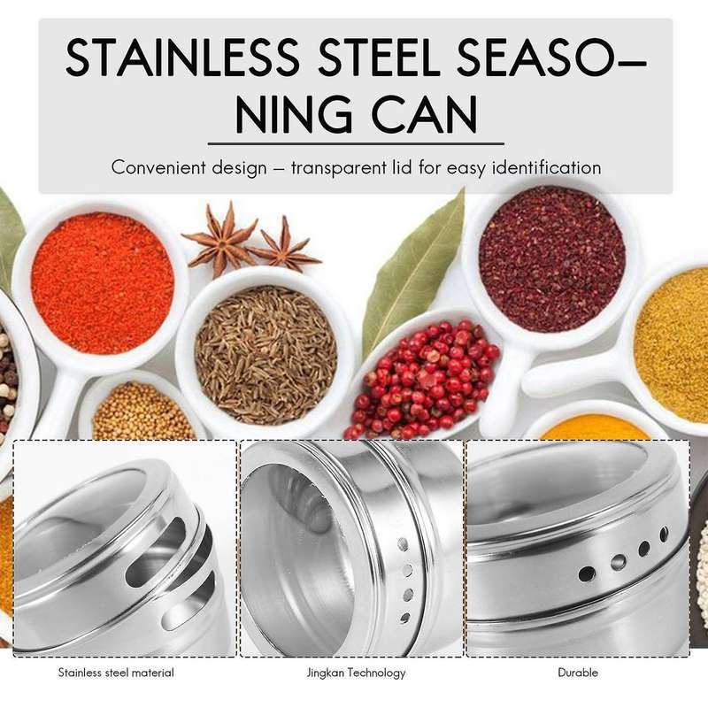 12pcs/set Clear Lid Magnetic Spice Tin Jar Stainless Steel Spice Sauce Storage Container Jars Kitch