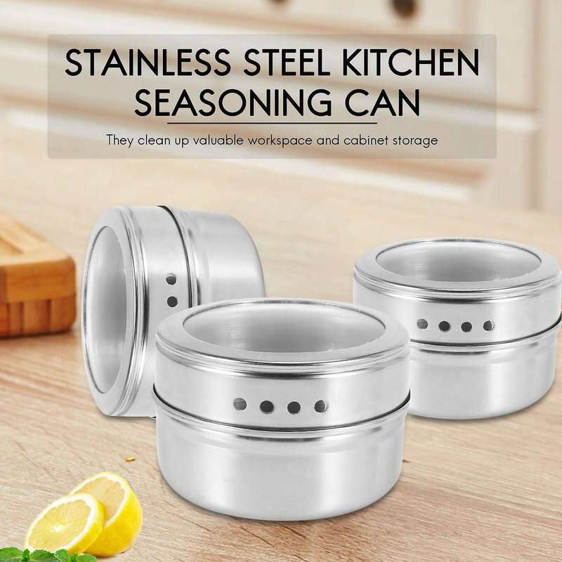 12pcs/set Clear Lid Magnetic Spice Tin Jar Stainless Steel Spice Sauce Storage Container Jars Kitch