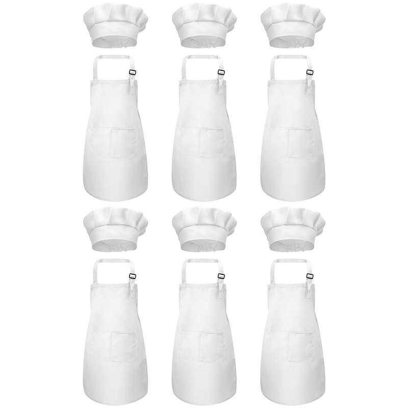 12-piece Apron and Chef Hat Set, Adjustable Children's Apron with Pockets (white, Suitable for 2-6