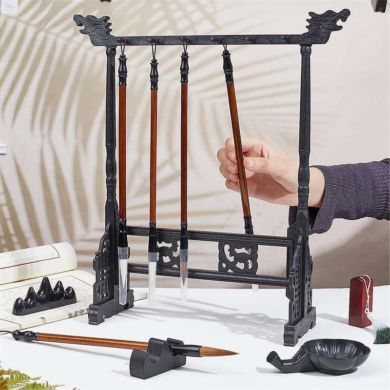 12-Pin Brush Holder, Chinese Japanese Calligrapghy Brush Hanger Carving Calligraphy Sumi Brush Holde