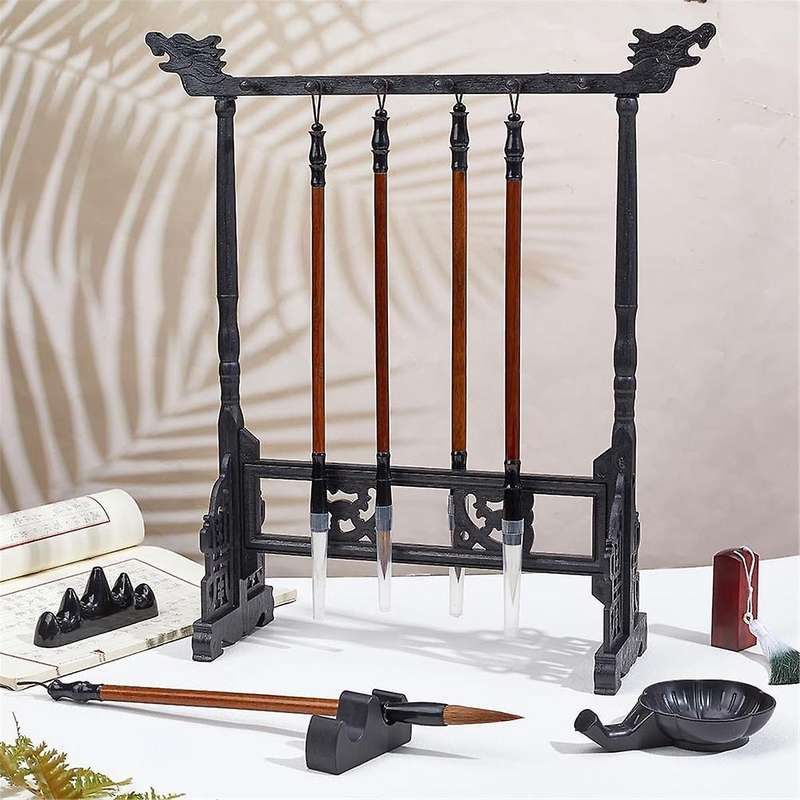 12-Pin Brush Holder, Chinese Japanese Calligrapghy Brush Hanger Carving Calligraphy Sumi Brush Holde