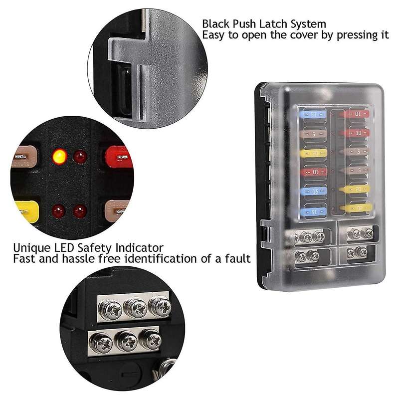 12V 12 Way Fuse Block Fuse Panel with Ground & 12 Volt Fuse Box for Car Automotive Boat RV RZR
