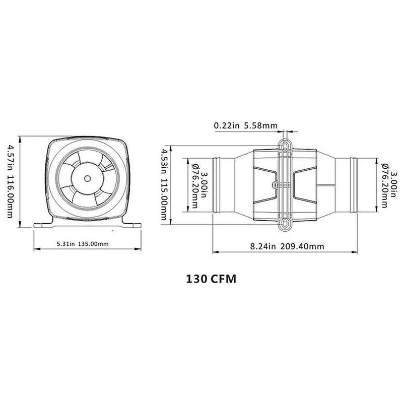 12V 130 CFM Boat Blower 3 Inch in-Line Marine Bilge Air Blower Fan Quiet Blower Vents 4 Leaves