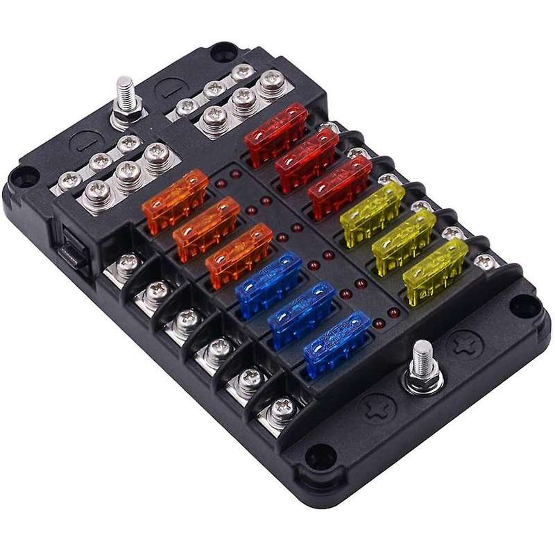 12V 32V Plastic Cover Fuse Box Holder M5 Stud with LED Indicator Light 12 Ways Blade for Auto Car Bo