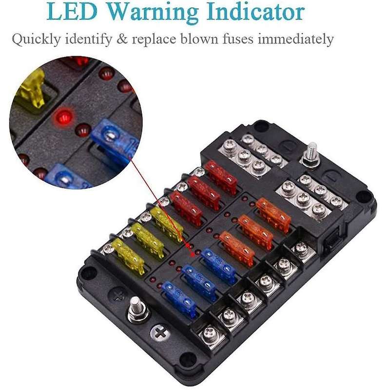12V 32V Plastic Cover Fuse Box Holder M5 Stud with LED Indicator Light 12 Ways Blade for Auto Car Bo