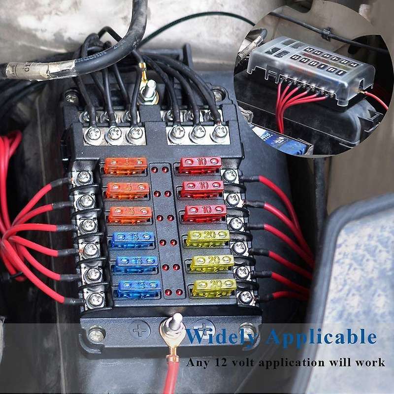 12V 32V Plastic Cover Fuse Box Holder M5 Stud with LED Indicator Light 12 Ways Blade for Auto Car Bo