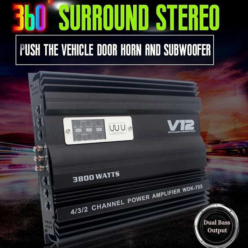12v 3800w Car Audio Amplifier High Power Dual Bass Output Cart 4 Channel Audio Speaker Subwoofer Amp