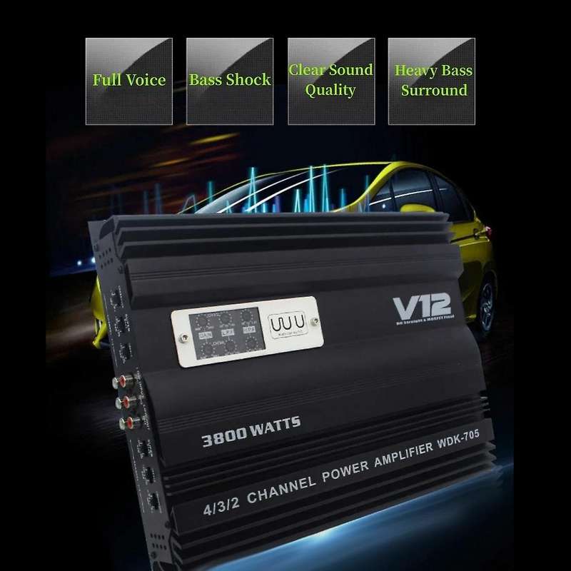 12v 3800w Car Audio Amplifier High Power Dual Bass Output Cart 4 Channel Audio Speaker Subwoofer Amp