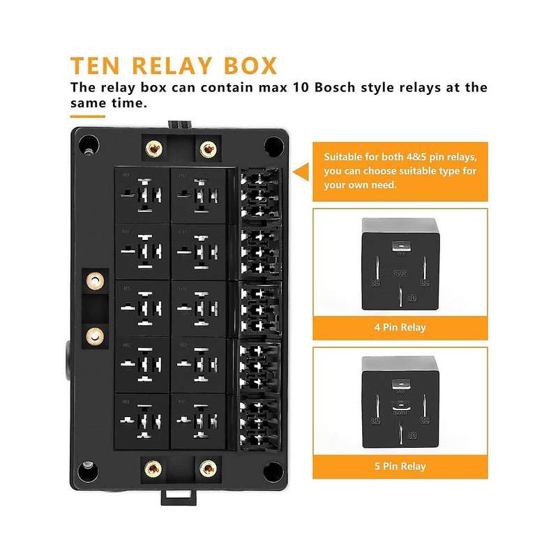 12v Automotive Fuse Relay Box Universal Block for Car, Truck - 10 Slot Style Relay Holder, 15 Slot A