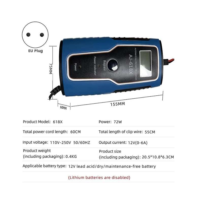 12v Fully Automatic Smart Charger 6a High Power Portable Car Motorcycle Battery Charger for Battery