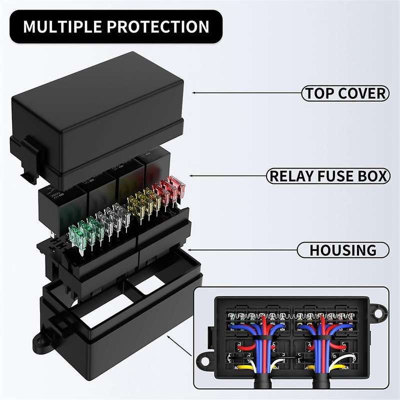 12V Fuse Relay Box Pre-Wired Fuse and Relay Box with 4 Relay 12 Way ATC/ATO Fuses Sealed 12V Relay