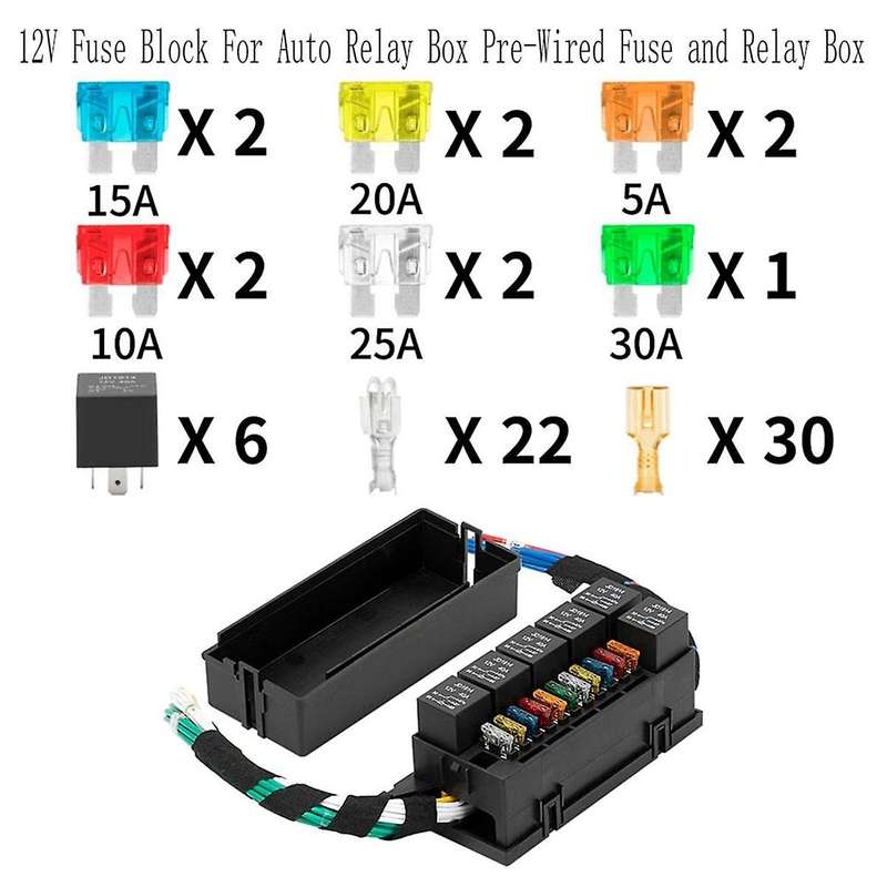 12V Fuse Block for Auto Relay Box Pre-Wired Fuse and Relay Box with 6PCS 5 Pin Relays and 11PCS ATC