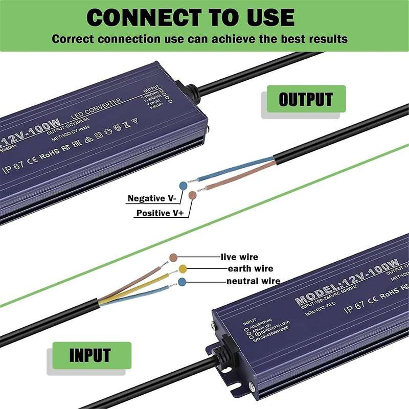 12V LED Driver IP67 Waterproof 12V 100W Power Supply Transformer 100-264V AC to 12Volt DC Low Voltag