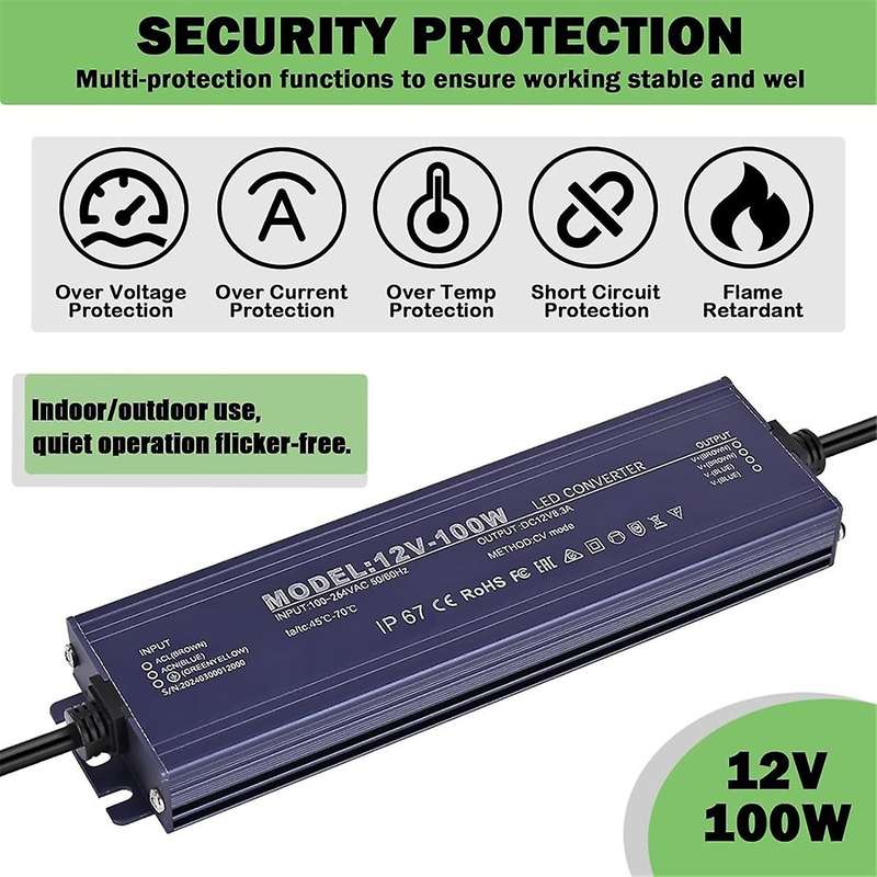 12V LED Driver IP67 Waterproof 12V 100W Power Supply Transformer 100-264V AC to 12Volt DC Low Voltag