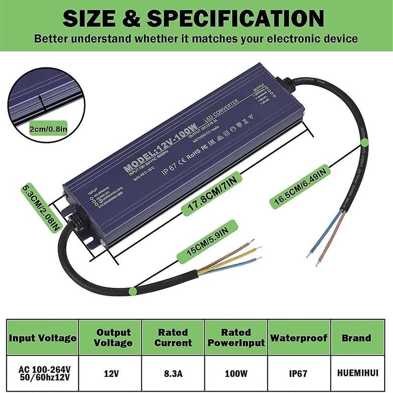 12V LED Driver IP67 Waterproof 12V 100W Power Supply Transformer 100-264V AC to 12Volt DC Low Voltag