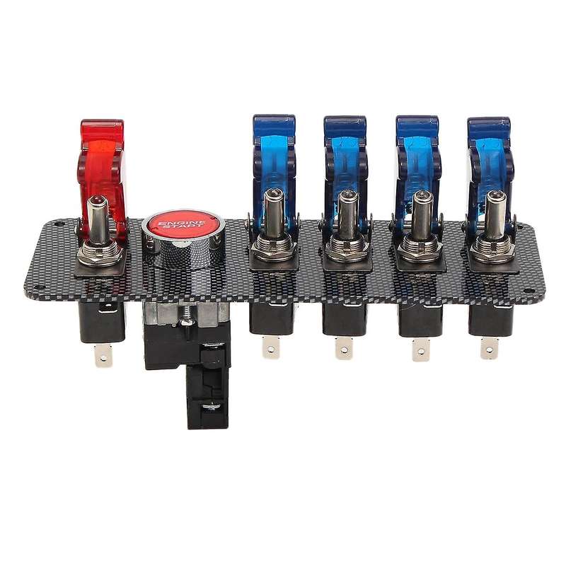 12V Toggle Switch Panel 6 in 1 LED Racing Car Ignition Switch Engine Start On/Off Push, Carbon Fiber