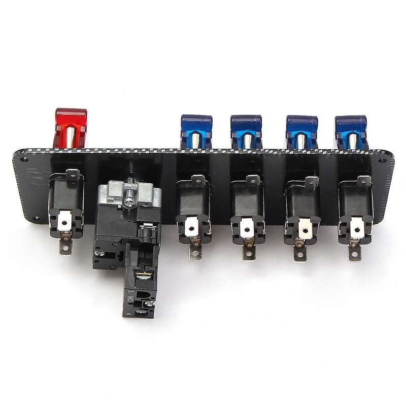 12V Toggle Switch Panel 6 in 1 LED Racing Car Ignition Switch Engine Start On/Off Push, Carbon Fiber