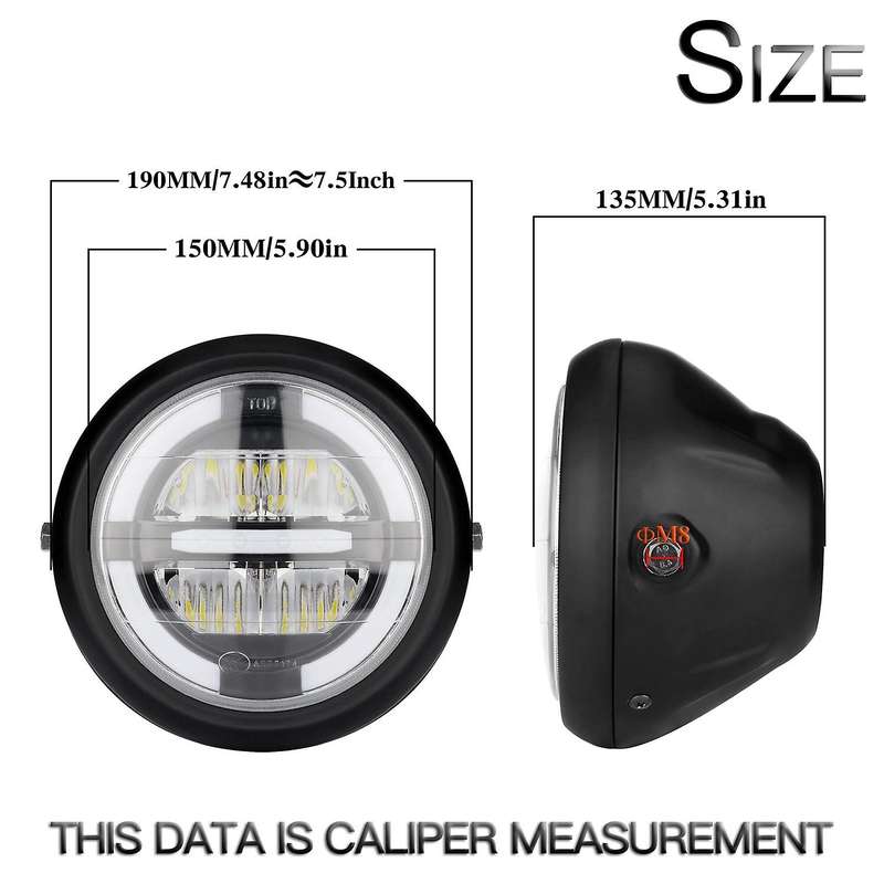 12V Universal Motorcycle Headlamp 7.5Inch Motorbike Refit Headlight Retro Black Round White Light He