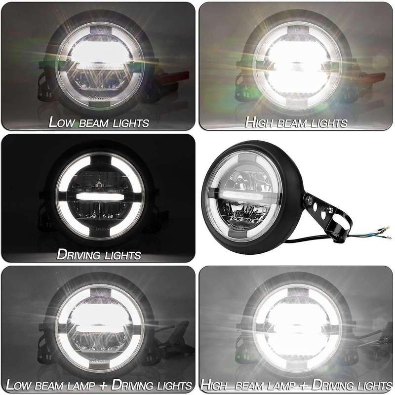 12V Universal Motorcycle Headlamp 7.5Inch Motorbike Refit Headlight Retro Black Round White Light He