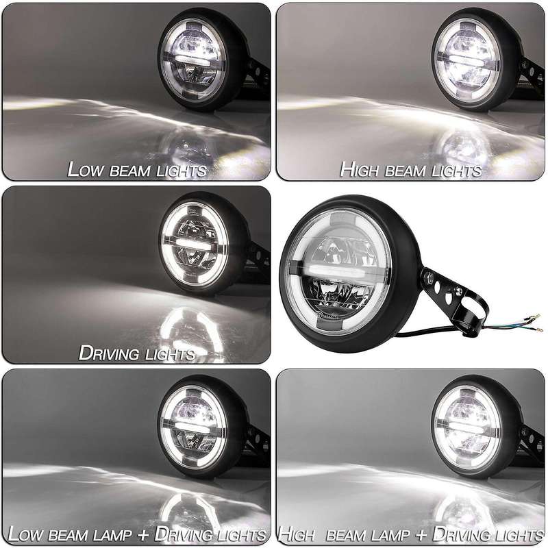 12V Universal Motorcycle Headlamp 7.5Inch Motorbike Refit Headlight Retro Black Round White Light He