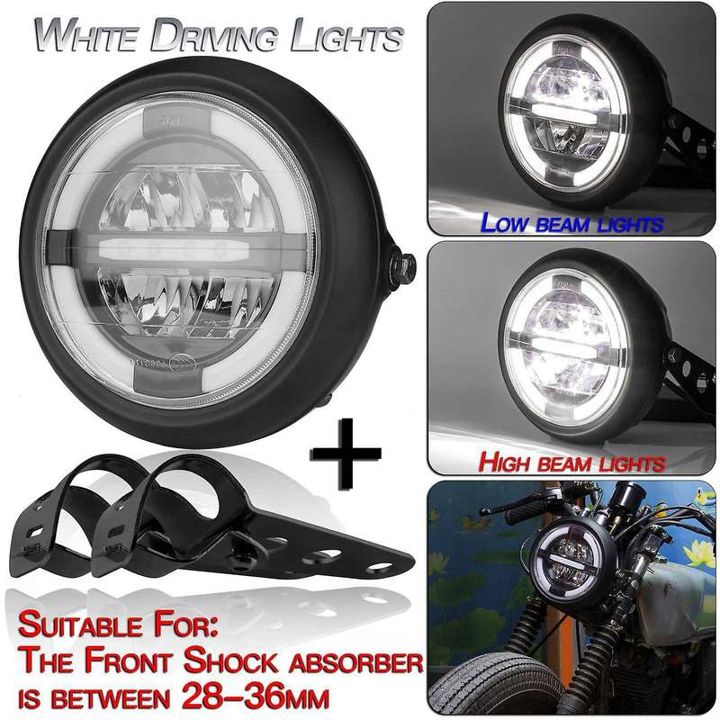 12V Universal Motorcycle Headlamp 7.5Inch Motorbike Refit Headlight Retro Black Round White Light He