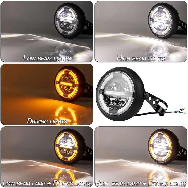 12V Universal Motorcycle Headlamp 7.5 Inch Motorbike Refit Headlight Retro Black Round Yellow Light