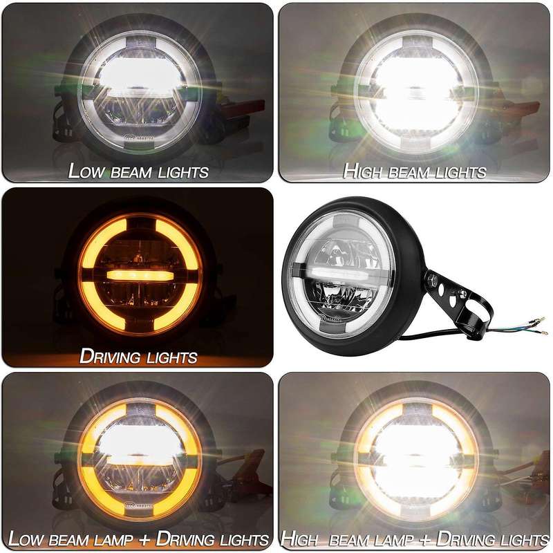 12V Universal Motorcycle Headlamp 7.5 Inch Motorbike Refit Headlight Retro Black Round Yellow Light