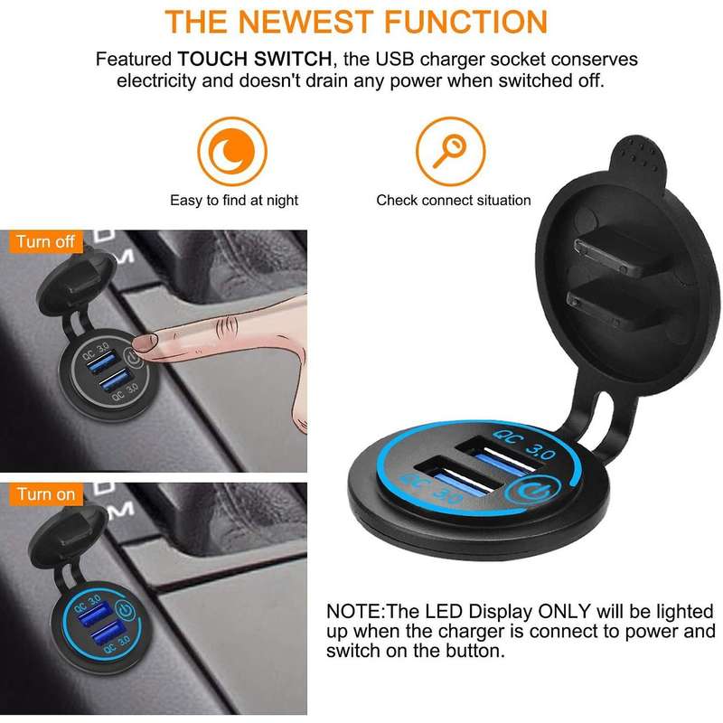 12V USB Outlet, Dual QC 3.0 USB Car Charger (with 1.1Inch Puncher)