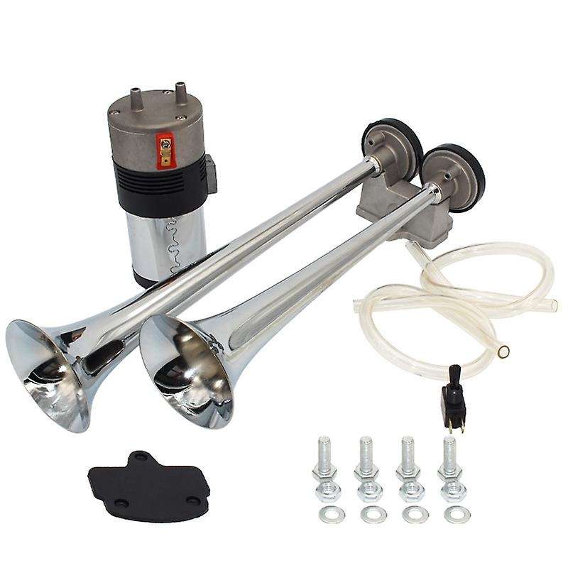 12V/24V Double Air Horn Kit, 15 Inches Trumpet Train Air Horn with Compressor for Car Vehicle Truck