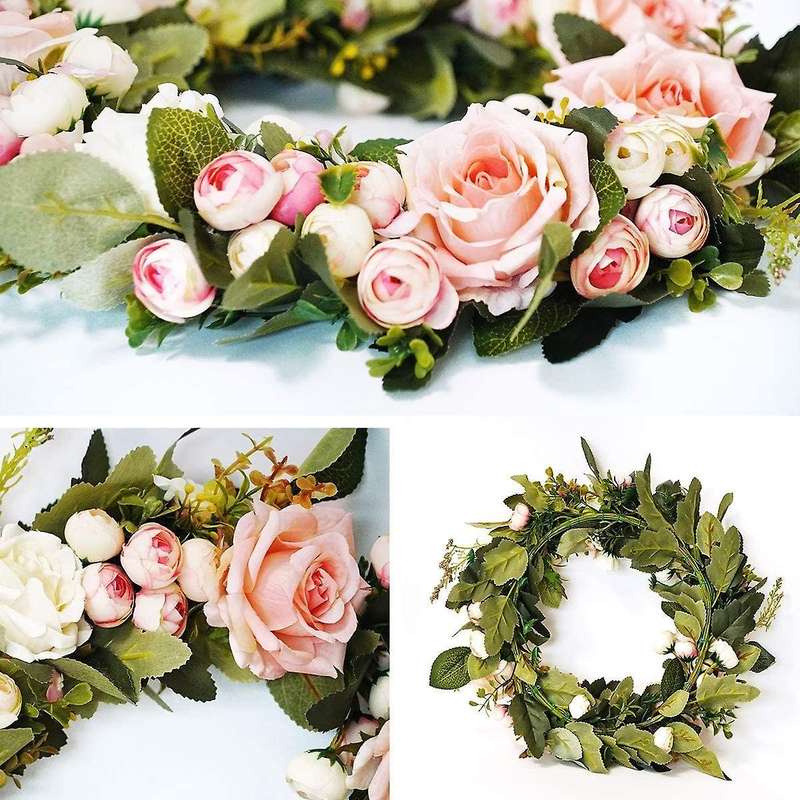 13 Inch Pink Rose Wreath Floral Wreath Classic Handmade Flowers for Front Door Wall Wedding Party C